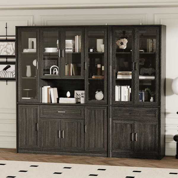 79.9 in. Tall Brown Wood Grain 20-Shelf Standard Bookcase, Storage Cabinet, Sideboard w/ 2-Large Drawer and 6-Glass Door