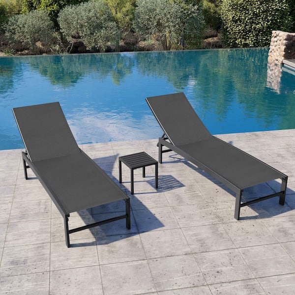 Crestlive Products 3-Piece Black Metal Stackable Outdoor Leisure Chaise Lounge with Square Side Table