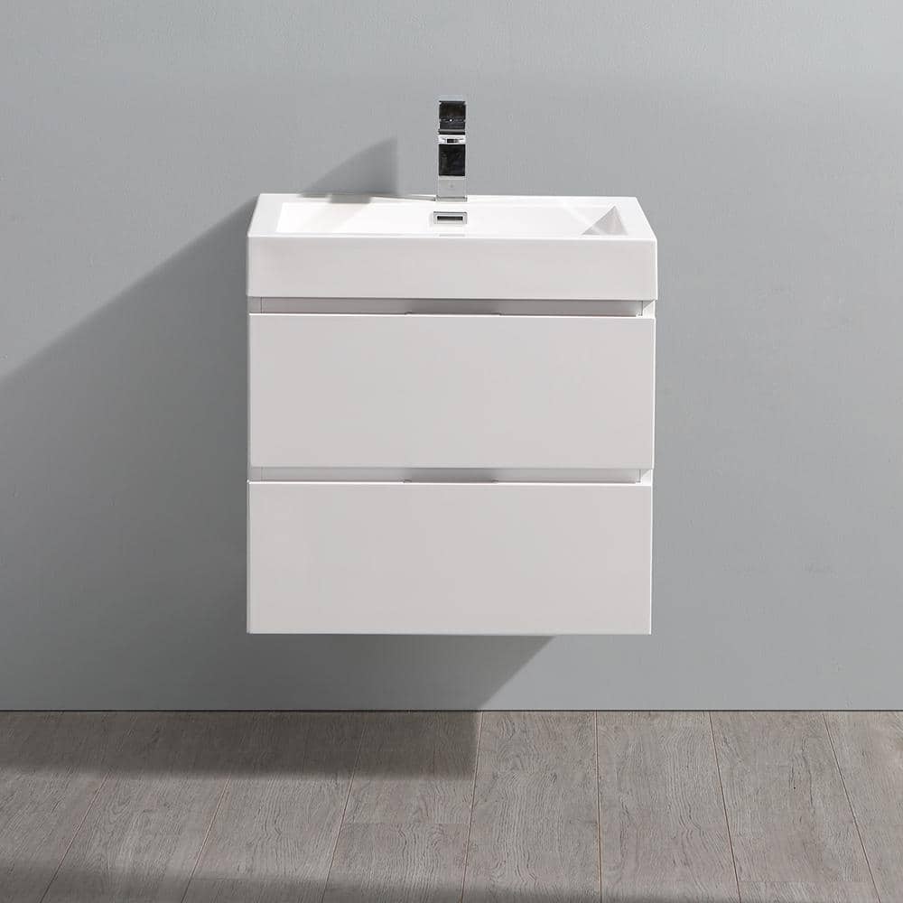 Glossy White 24" Wall-Mount Bathroom Vanity with Acrylic Sink
