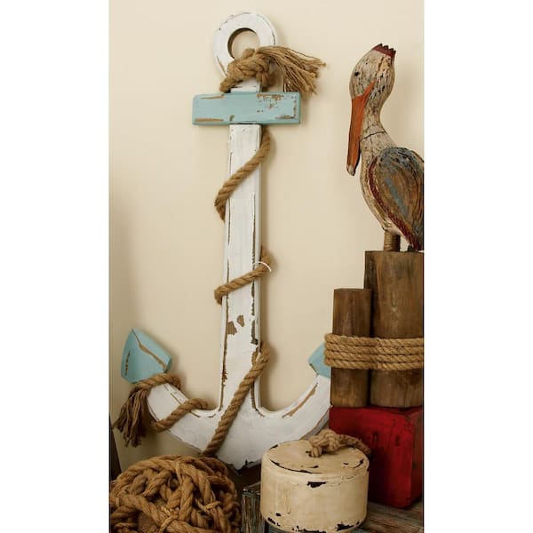 15 in. x 28 in. Wood White Anchor Wall Decor with Twisted Rope