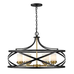 6-Light Matte Black and Olde Brass Pendant with White Glass Shade