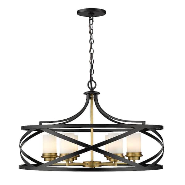 Unbranded 6-Light Matte Black and Olde Brass Pendant with White Glass Shade