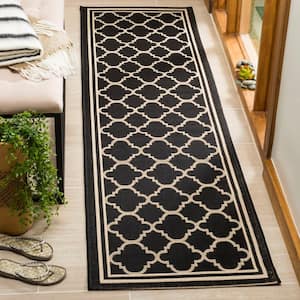 Courtyard Black/Beige Door Mat 2 ft. x 5 ft. Runner Geometric Moroccan Indoor/Outdoor Area Rug