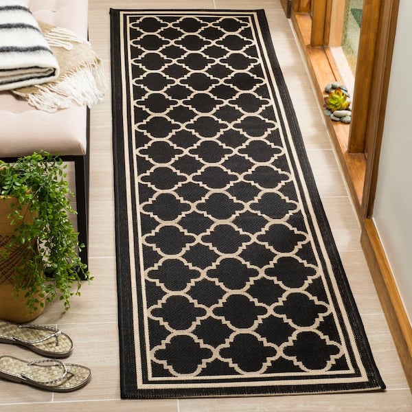 Courtyard Black/Beige Door Mat 2 ft. x 5 ft. Runner Geometric Moroccan Indoor/Outdoor Area Rug