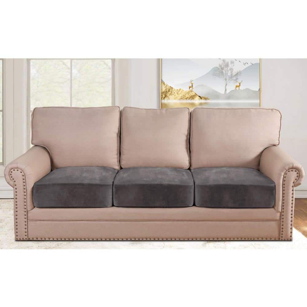 Gray 3-Piece Velvet Stretch Sofa Cushion Covers, Plush Cushion Slipcover, F