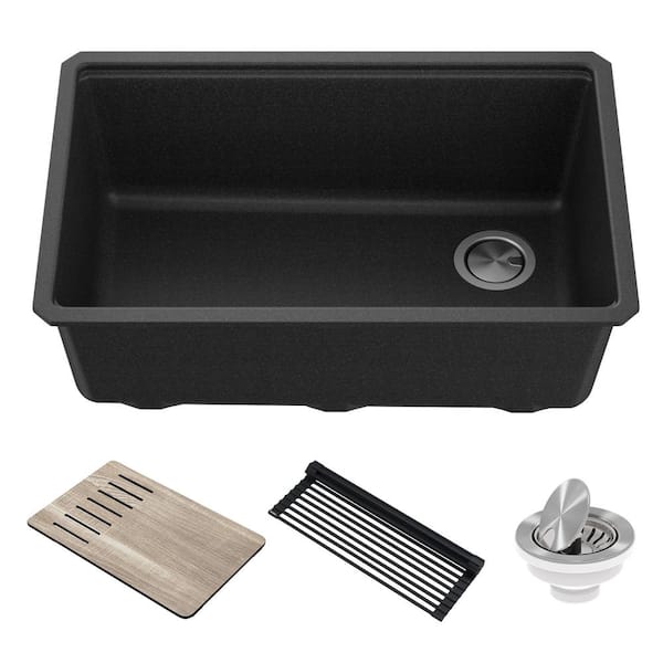 Bellucci Black Granite Composite 30 in. Single Bowl Undermount Workstation Kitchen Sink with Accessories