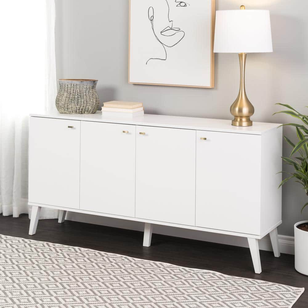 Milo Mid-Century Modern White 4-Door Buffet with Brass Knobs