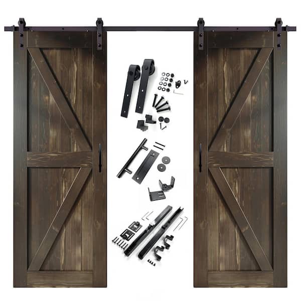HOMACER 30 in. x 96 in. K-Frame Ebony Double Pine Wood Interior Sliding Barn Door with Hardware Kit, Non-Bypass