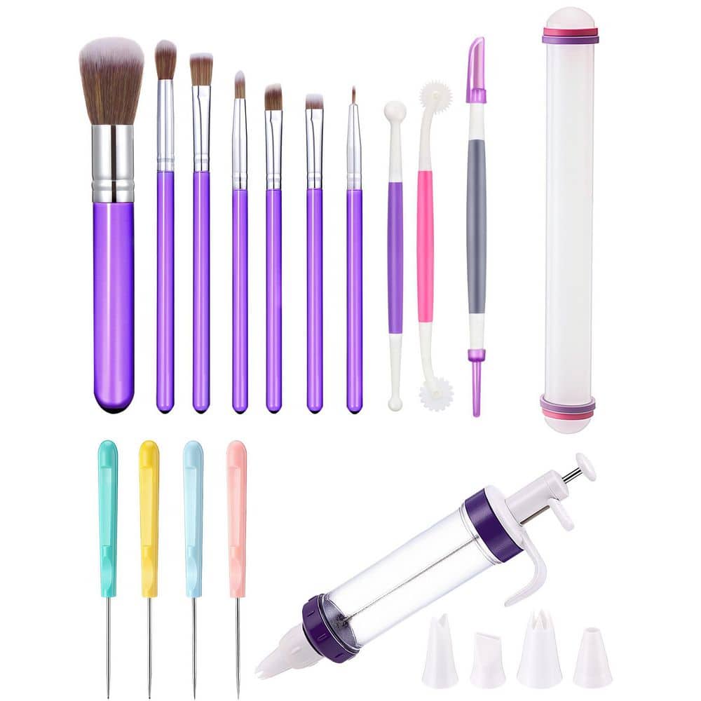 Pastry Tool Set with Decorating Brushes, Fondant Tools, Rolling Pin and Syringe for Cakes and Cookies, 16-Piece