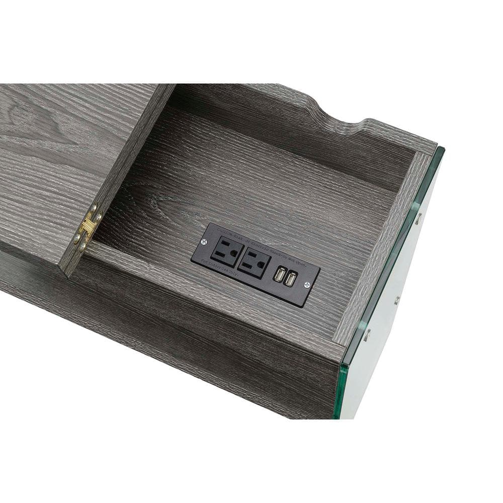 Weathered Gray Flip Top End Table with Charging Station and Glass Panels