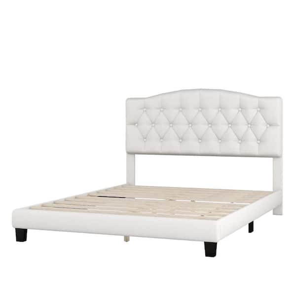 Benjara Cody Beige Wood Frame Queen Platform Bed with Diamond Button Tufted Headboard