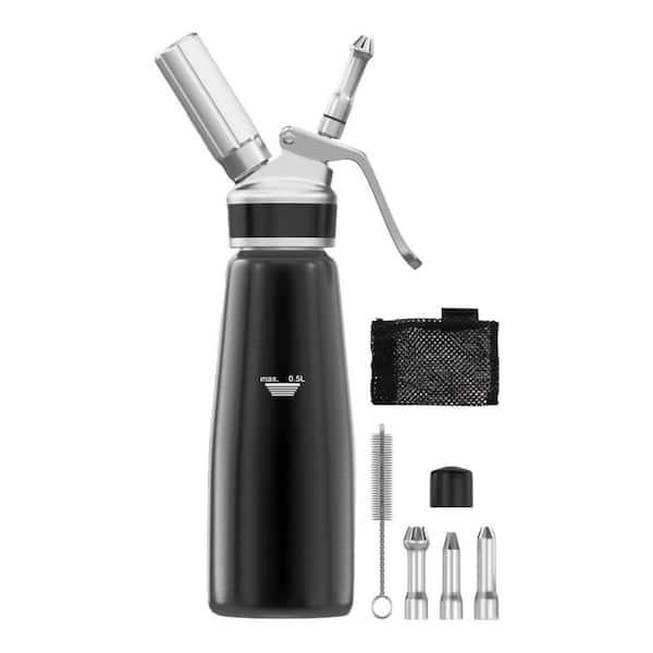 Black Whipped Cream Dispenser, 500ml Aluminum Cream Whipper with 3 Stainless Decorating Nozzles, Brush and Storage Bag