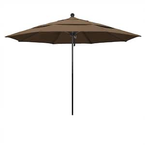 11 ft. Black Aluminum Commercial Market Patio Umbrella with Fiberglass Ribs and Pulley Lift in Cocoa Sunbrella