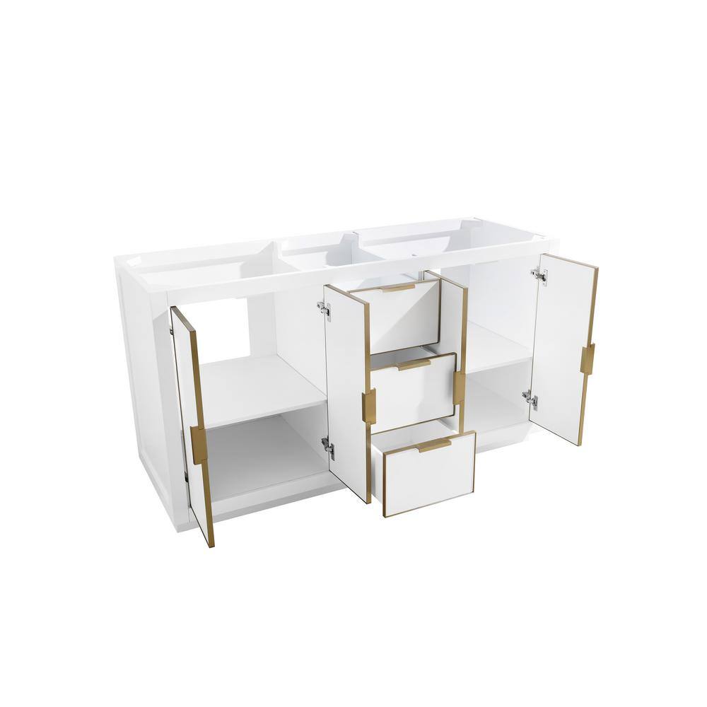 Contemporary 60" White Double Vanity with Marble Top and Gold Accents