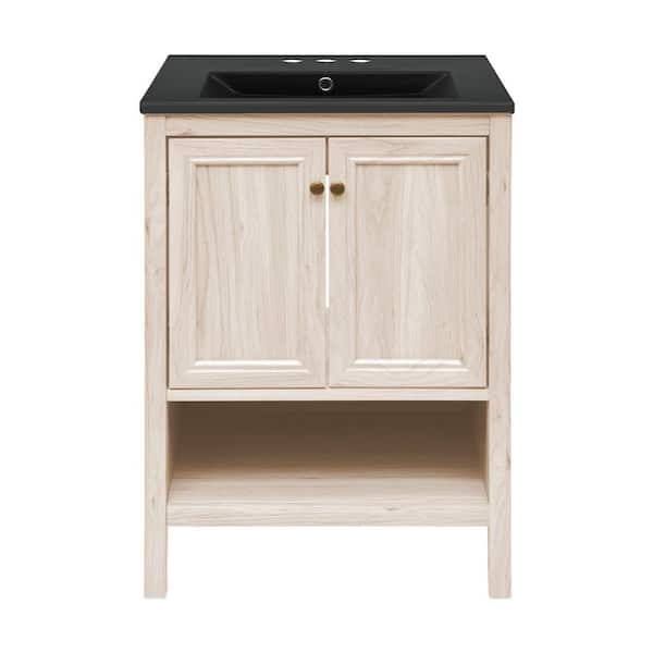 Swiss Madison Château 24" Freestanding Bathroom Vanity in White Oak with Black 3-Hole Centerset Ceramic Sink Top