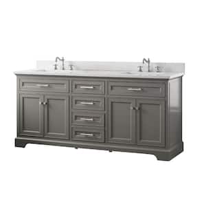Thompson 72 in. W x 22 in. D Bath Vanity in Gray with Engineered Stone Vanity Top in Carrara White with White Sinks