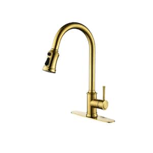 Single Handle Gooseneck Pull Down Sprayer Kitchen Faucet with Touch Sensor in Brushed Gold