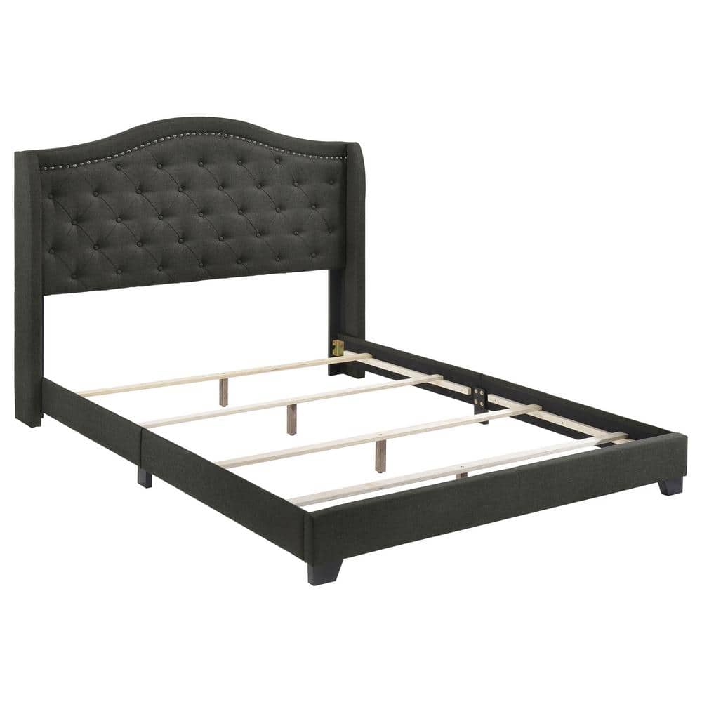 Gray Full Upholstered Bed with Tufted Headboard and Nailhead Trim