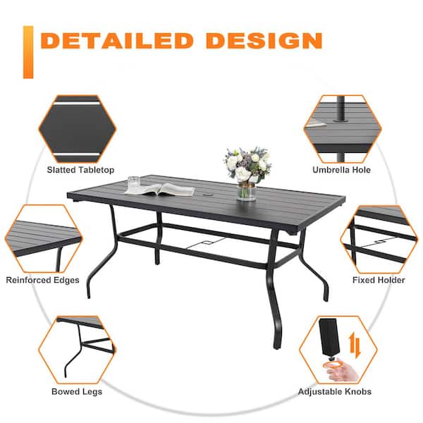 Nuu Garden - Black 7-Piece Metal Rectangle Outdoor Dining Set with Cushion Patio Furniture Set with Swivel Dining Chair