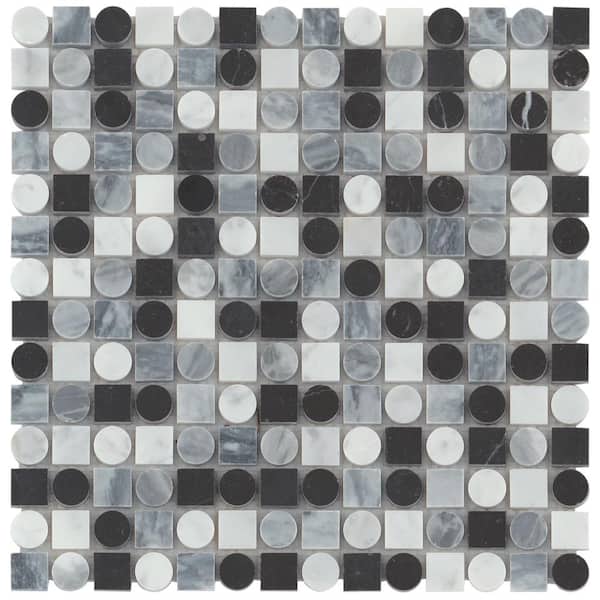 Modni White Carrara / Nero Marquina / Bardiglio Nuvolato 12" x 12" s Honed Marble Mosaic Tile (10.1 sq. ft. /Case)