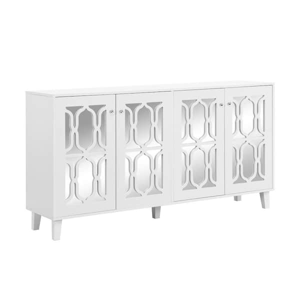 Polibi TV Stand Fits TV's up to 70 in. with Adjustable Shelves, 4-Door Mirror Hollow-Carved for Living Room, White