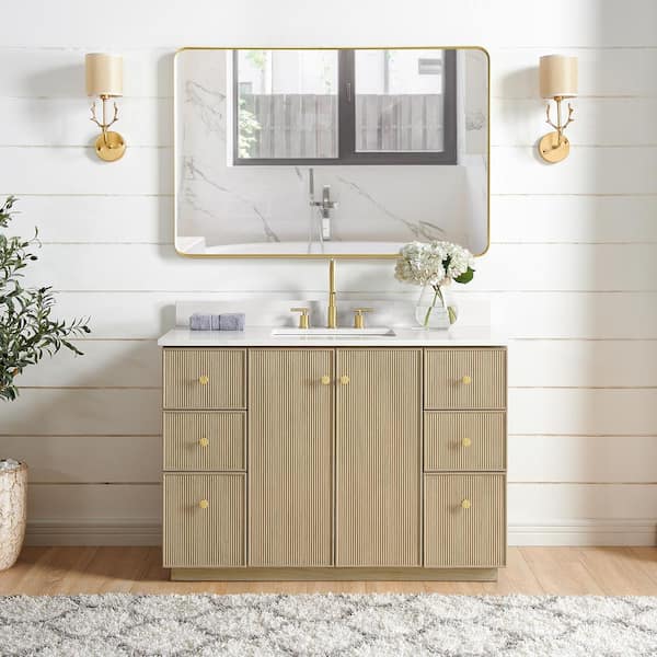 Oza 48 in. W x 22 in. D x 33.9 in. H Single Sink Bath Vanity in Natural Oak with White Quartz Stone Top