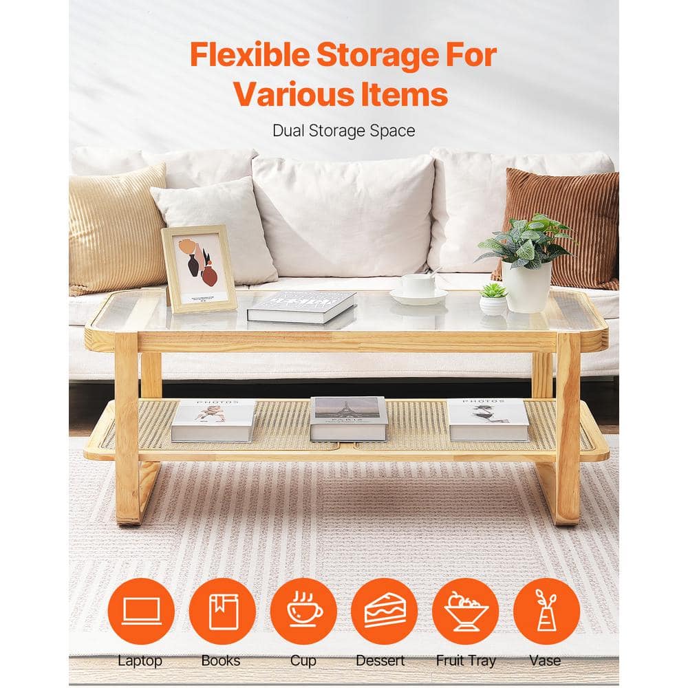 Natural Pine Wood and Glass Rectangular Coffee Table with Storage