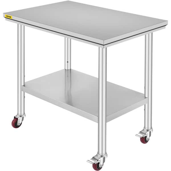 Stainless Steel Rolling Table 35.4 x 23.6 in. Kitchen Prep Table with 4 Wheels Kitchen Utility Table, Silver