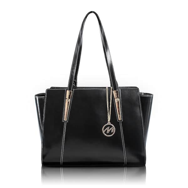 ALDORA, Black Leather Ladies' Tote Bag with Tablet Pocket