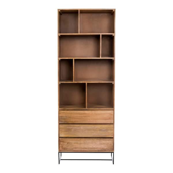 Zareen 86.5 in. Tall Natural Solid Mango Wood Scandinavian Bookshelf with Iron Base, 4-Open Shelves and 3-Drawers