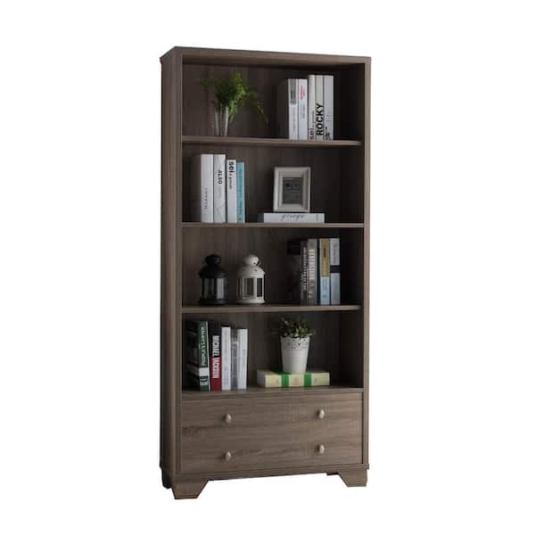 Benjara 68.25 in. Brown Wood 4-shelf Standard Bookcase with Drawers