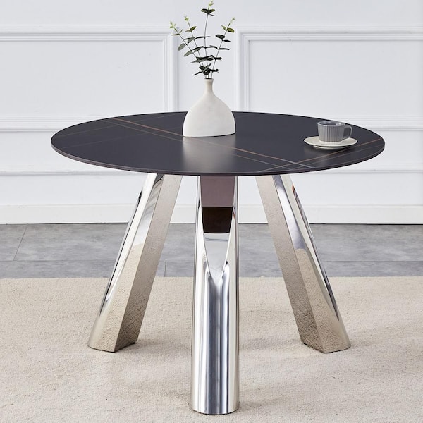 Black/Sliver 42 in. W Burnt Stone with Marble Texture 3-Legs Dining Table with Silver Stainless Steel Legs Seats 4