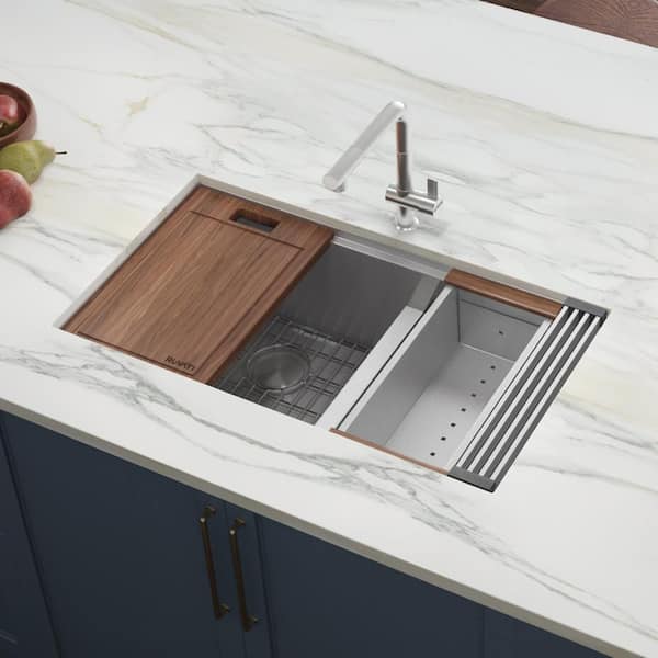 Roma 33 in. Undermount 60/40 Double Bowl 16-Gauge Stainless Steel Workstation Kitchen Sink with Accessories