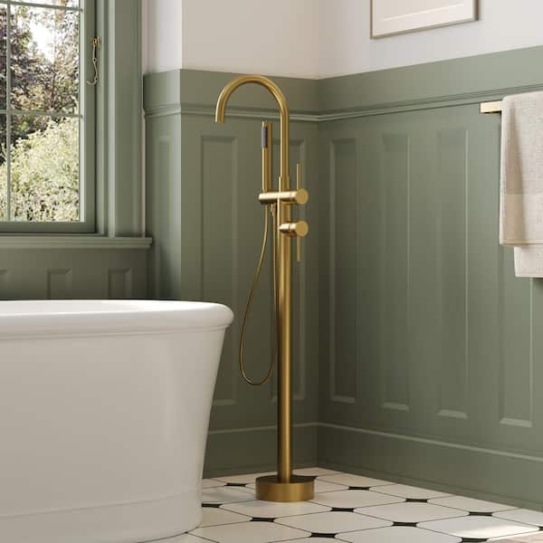 Single-Handle Freestanding Tub Faucet Floor Mounted with Handheld Hand Shower in Brushed Gold