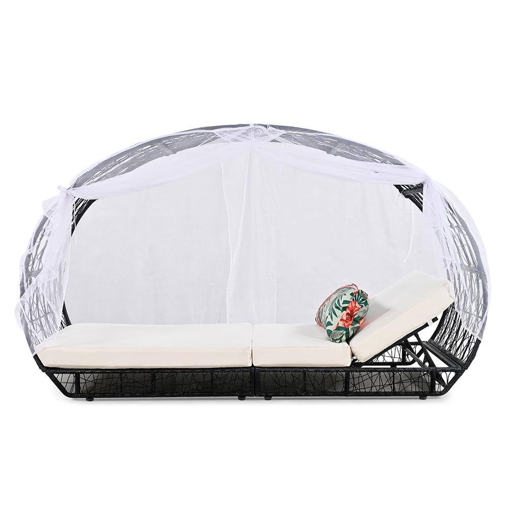 Black 90.55 Wicker Outdoor Day Bed with Curtain, Beige Cushions, and Col