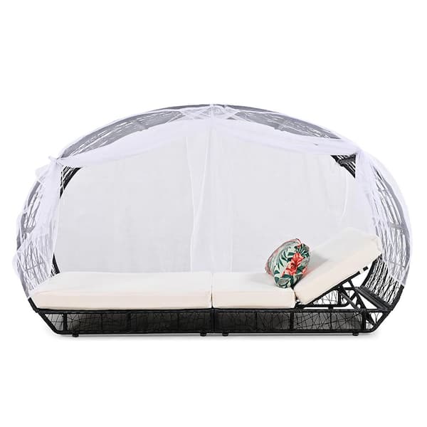 BTMWAY Black 90.55" Wicker Outdoor Day Bed with Curtain, Beige Cushions, and Colorful Pillow, Backrest Adjustable Recliner