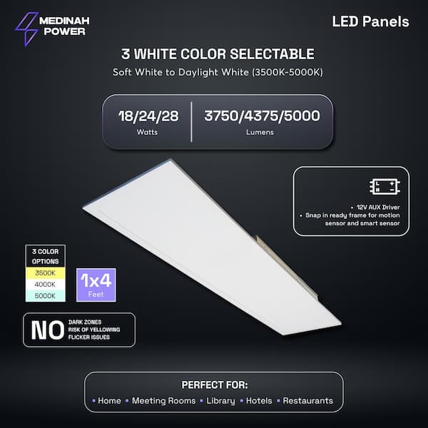 MEDINAH POWER 1x4 LED Back-Lit Panel, Adjustable Watt and CCT with 12V Aux and Usmart Cover (4-Pack)