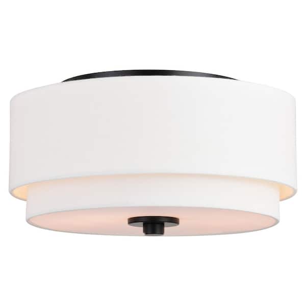 Burnaby 13 in. W Black Mid-Century Modern Flush Mount Ceiling Light Fixture White Fabric Drum Shade