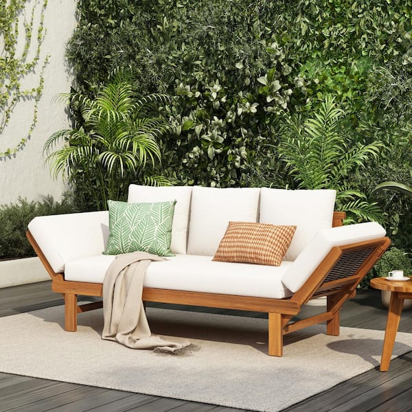 Novalee Teak Finish Solid Wood and Wicker Patio Outdoor Day Bed with Cream Cushions, Adjustable Armrests