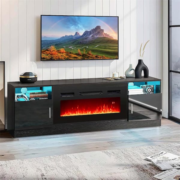 36 in. Black Wall-Mount 5,000 BTU Electric Fireplace with LED Light Strips Remote Crystal Stones