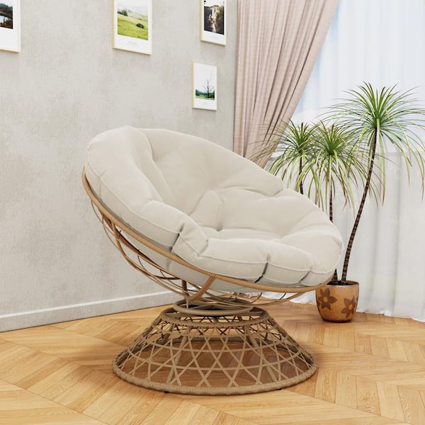 Brown Wicker Outdoor Patio Papasan Swivel Lounge Chair with Beige Cushion