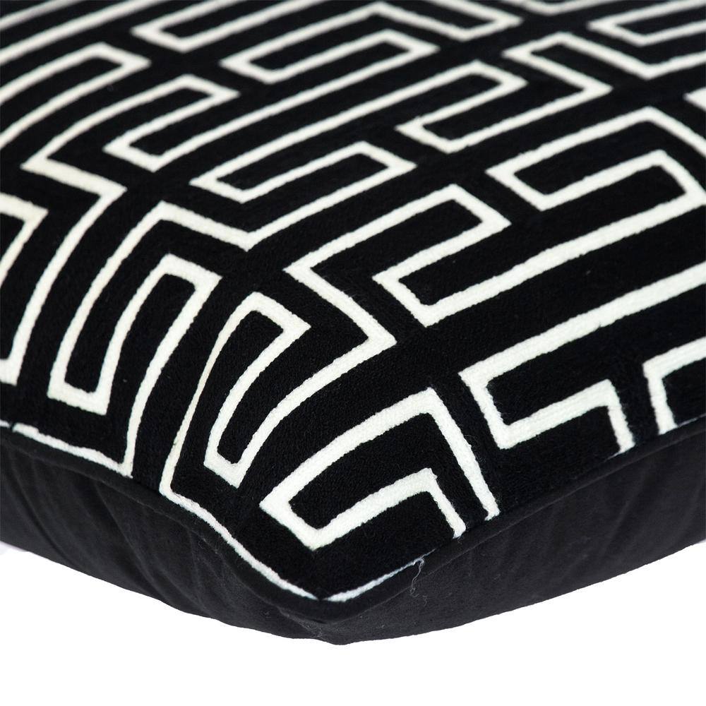 Black and White Geometric Embroidered Cotton Throw Pillow