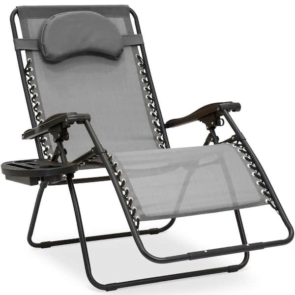 Oversized Zero Gravity Folding Reclining Gray Fabric Outdoor Lawn Chair w/Cup Holder