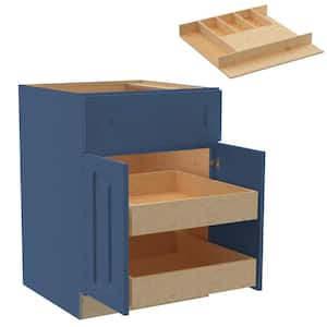 Grayson 24" x 34.5" x 24" Mythic Blue Painted Plywood Shaker Stock Assembled Base Kitchen Cabinet with 2-ROT Cutlery