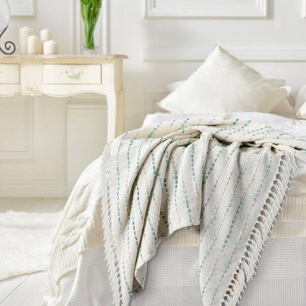 Cream/Black Large Cotton Throw Black striped 100% Cotton Throw Blanket Tassel Throw 4 side fringes, Turkish Throw Gifts for home