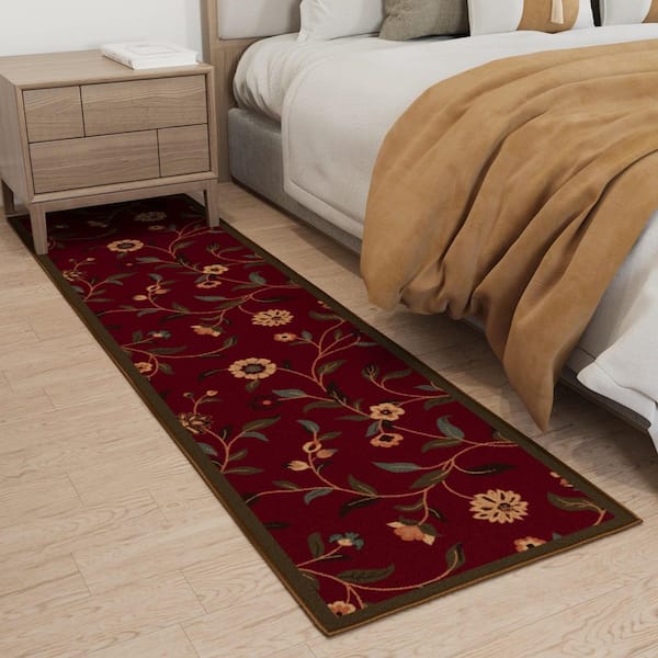 Ottohome Collection Non-Slip Rubberback Floral Leaves 2x7 Indoor Runner Rug, 1 ft. 10 in. x 7 ft., Dark Red