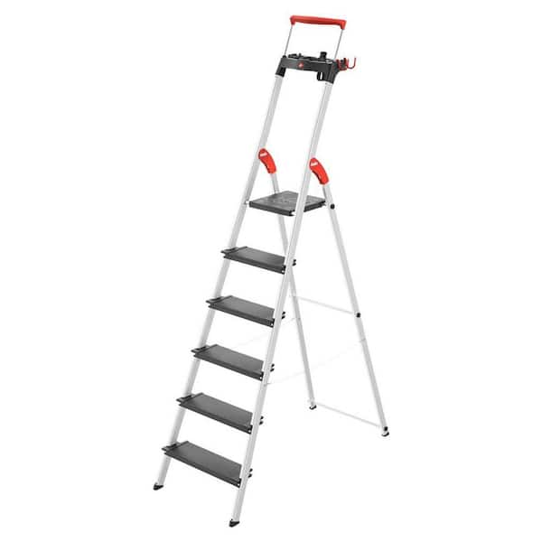 Folding 6 Step Non-Slip Step Stool Ladder for Home and Kitchen, L100, 10.5 ft. Reach Height, Silver/Black