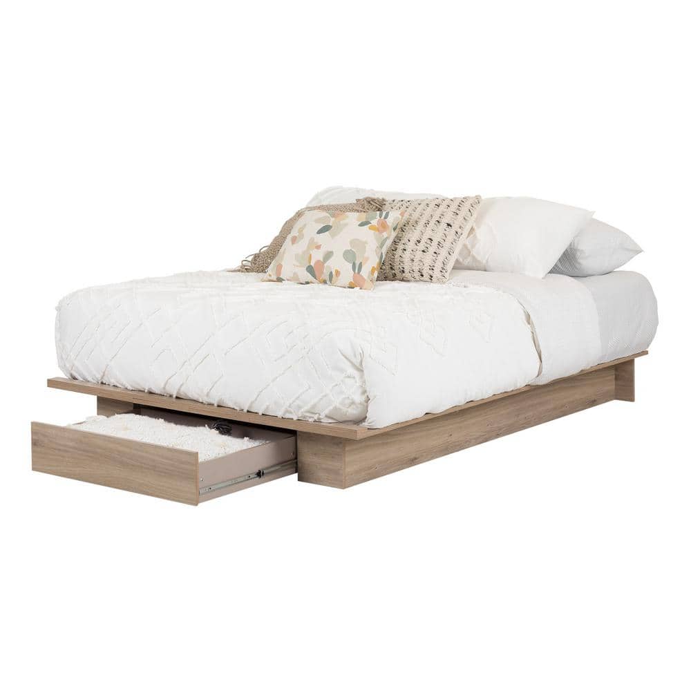 Queen Rustic Oak Platform Bed with Storage Drawer