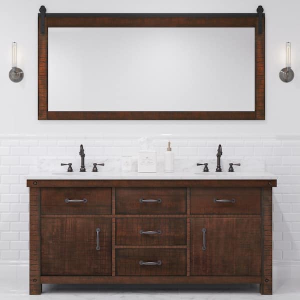 Aberdeen 72 in. W x 22 in. D Vanity in Rustic Sienna with Marble Vanity Top in White with White Basin and Mirror