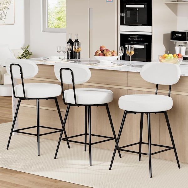 26in. H White Swivel Upholstered Bar Stools Counter Height Bar Stools with Adjustable Foot Pads (Set of 3)